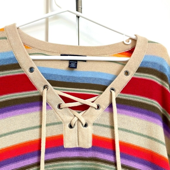 Chaps Rainbow Sweater Striped knit Sweater. with Split  hem lace up V neck - Picture 3 of 10